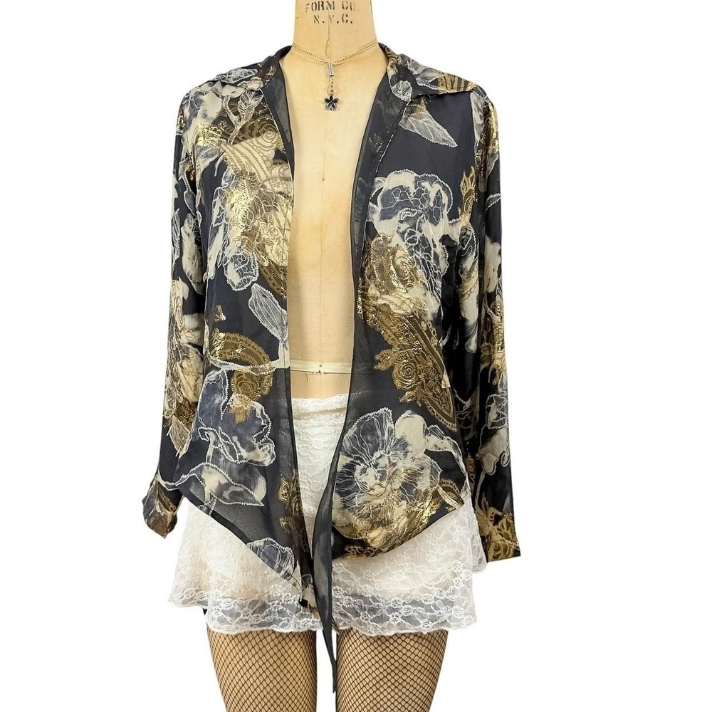 90s Chicos Metallic Silk Sheer Cardigan Open Tie Front Whimsygoth Evening Size M